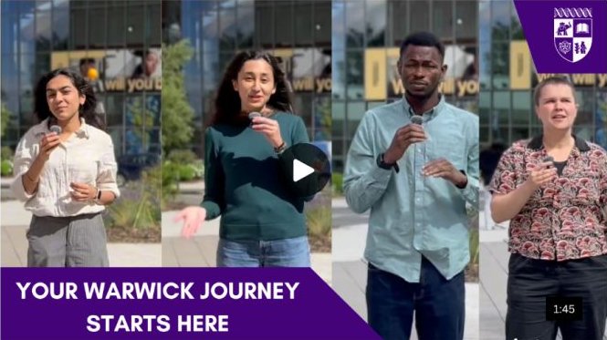 Students introducing the co-produced Warwick orientation course video, ‘Your Warwick journey starts here’